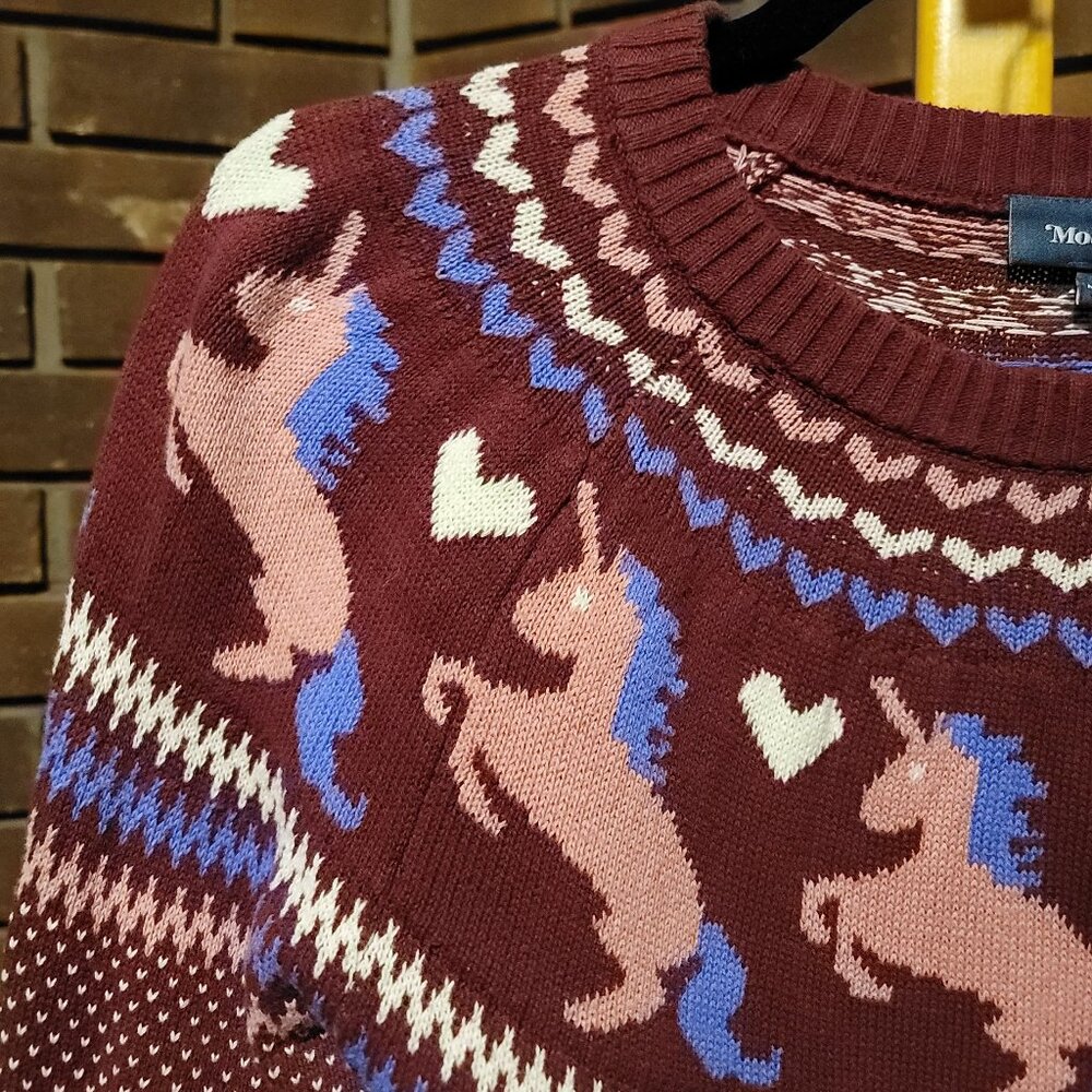ModCloth Unicorn Heart Fair Isle Sweater Burgundy Knit - Size Small - Picture 3 of 6